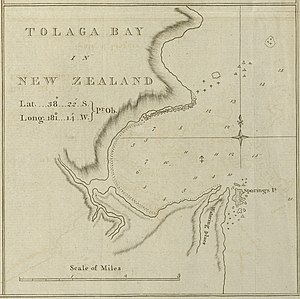 Carta de la bahía de Tolaga según James Cook (1769), que aparece en la obra de J. Hawksworth 'An account of the voyages undertaken...discoveries in the Southern hemisphere...' Londres: W. Strahan & T. Cadell, 1773.
