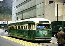 PCC streetcar, Chicago, 1950 - the last ran in 1958 ChicagoSurfacelines4377clark&harrison.jpg