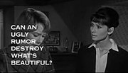 Still shot from the film "The Children's Hour", showing Shirley MacLaine looking down at the left and Audrey Hepburn to her right staring at her, in a bedroom. The words "Can an ugly rumor destroy what's beautiful?" obscure much of MacLaine's face.