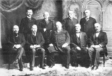 Cleveland's last Cabinet.
Front row, left to right: Daniel S. Lamont, Richard Olney, Cleveland, John G. Carlisle, Judson Harmon
Back row, left to right: David R. Francis, William Lyne Wilson, Hilary A. Herbert, Julius S. Morton Cleveland Second Cabinet.png