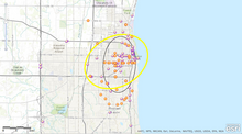 An example of STAC ellipses using two standard deviations. The black ellipse is a hotspot containing bars in the city of Kenosha, WI. The yellow ellipse is hotspot of DUI crimes for the city. Crime hotspots - STAC Ellipses.png