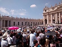The crowds of tourists in St. Peter's Square are a target for pickpockets. Crowds in St. Peter's Square.jpg