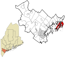 Cumberlandin piirikunnan Mainen yhdistyneet ja rekisteröimättömät alueet Harpswell highlighted.svg