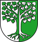 Arms of Behnsdorf: "per pale Argent and Vert a tilia eradicated counterchanged"