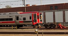 M8 cars damaged in the collision Damaged end of M8 cars in Bridgeport yard May 2013 (cropped).JPG