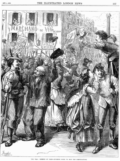 Franse studente maak hulself bereid om die barrikades te beman in die verdediging van Parys tydens die Frans-Duitse Oorlog (Illustrated London News).