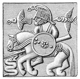 A plate from a Vendel era helmet featuring a figure riding a horse, holding a spear and shield, and confronted by a serpent Del av hjalm vendel vendeltid mojligen oden.jpg