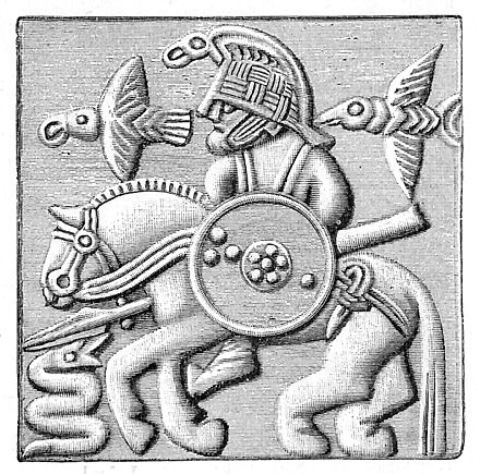 A plate from a Swedish Vendel era helmet featuring a figure riding a horse, accompanied by two ravens, holding a spear and shield, and confronted by a serpent