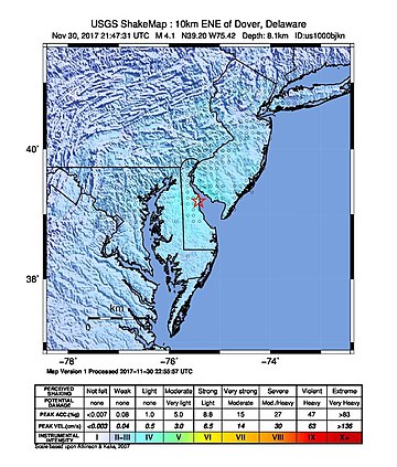 Shake map showing the epicenter of the earthquake off the coast of Delaware