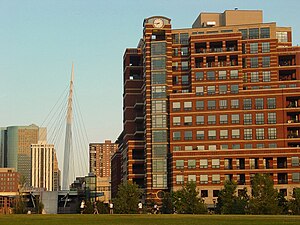 Denver's Millennium Bridge connects Riverfront Park in the Central Platte Valley neighborhood with downtown's 16th Street pedestrian mall. Denver millennium bridge3.jpg