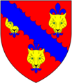 Arms of Denys of Siston, Gloucestershire and Waterton, Glamorgan: Gules, three leopard's faces or jessant-de-lys azure over all a bend engrailed of the last