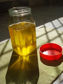 Ghee may be packaged in airtight glass jars and stored without refrigeration. Desi ghee.JPG