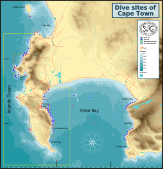 Recreational dive sites of the greater Cape Town region. The yellow lines indicate the boundary of the Table Mountain National Park MPA. Dive sites of Cape Town.png