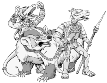 A drawing of kobolds, reptilian humanoid beings that appear in Dungeons & Dragons. DnD kobold.png