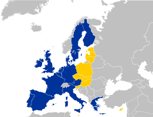 Lidstaten van de Europese Unie (blauw), toegetreden lidstaten (geel)