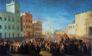 Triumphal Entry of Ferdinand VII into Valencia (1815) by Miguel Parra Abril depicts the facade on the right. Entrada triomfal de Ferran VII a Valencia, 1815, Miquel Parra.jpg