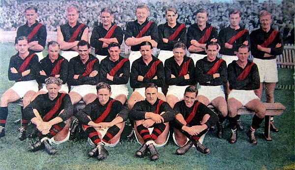 Essendon team photo, 1950. BACK (L–R): Jones, May, Bigelow, McClure, McConnell, Snell, Coleman, Brittingham. CENTRE (L–R): Allanson, C. Lambert, McDonald, McEwin, Reynolds (capt/coach), Hutchison, Gardiner, Hassell. FRONT (L–R): Leehane, Bradley, H. Lambert, Tate.