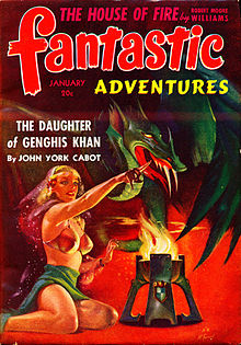 O'Brien's novella The Daughter of Genghis Khan, published under his John York Cabot byline, was the cover story for the January 1942 issue of Fantastic Adventures, illustrated by Harold W. McCauley