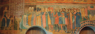 The "stupor mundi" Frederick II (seated left) receiving homage from the people of the world. Contemporary fresco 13th century Torre San Zeno, Verona