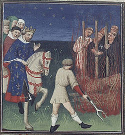 Burning at the stake of Jacques de Molay and the leaders of the Knights Templar on the Ile aux Juifs, in the Seine (1314), as described by the poet Boccaccio (French National Library) Filip4 templari exekuce Boccaccio15.jpg