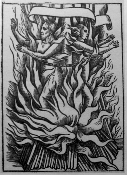 Dual martyrdom by burning, 1558; from a 1641 edition of Foxe.