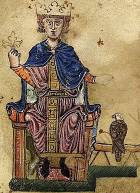 Изображение Фридриха II из его книги De arte venandi cum avibus («Об искусстве охоты с птицами»), конец XIII века, Ватиканская апостольская библиотека