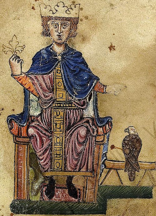 Frederick II with his falcon, from De arte venandi cum avibus, c. 1240, Vatican Library