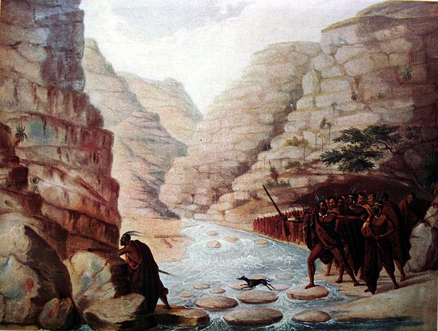 A column of Xhosa warriors, crossing a ravine in the frontier mountains