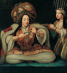 Enjoying coffee in Ottoman Empire. Painting by unknown artist in the Pera Museum French School - Enjoying Coffee - Google Art Project.jpg