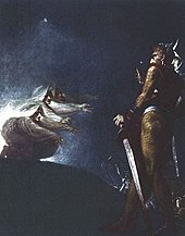 Tolkien's use of prophecy about the Witch-king's death parallels Shakespeare's, where the witches speak both truth and falsehood about Macbeth's death.[7] Painting by Henry Fuseli