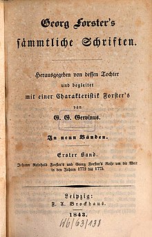 Title page of the 1843 German edition of Reise um die Welt
, part of Forster's complete works [de] edited by his daughter Therese Forster Georg Forster's sammtliche Schriften, Erster Band.jpg