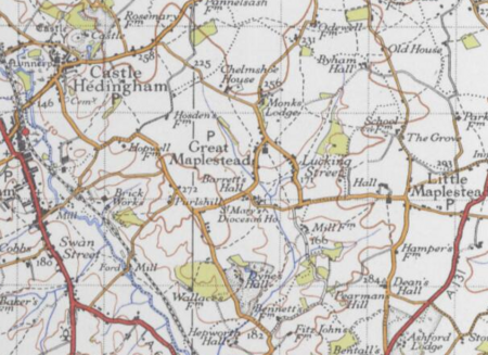 A map showing Great Maplestead and the surrounding area from the 20th century. Great Maplestead.PNG