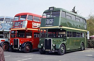 These AEC Regent III RT buses are fitted with radiator blinds, seen here covering the lower half of the radiators. Green and Red RT buses.jpg