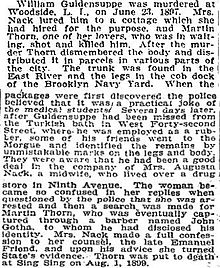 Extract from a news article about an 1897 murder in Woodside.
More details
This extract from a news article summarizes a sensational murder committed in a rented Woodside cottage on June 23, 1897. The victim, his murderer, and the murderer's accomplice were all German, but none were Woodside residents. The case is considered a landmark not in American jurisprudence but in the history of yellow journalism. GuldensuppeMurderNYT20Jul1907.jpg