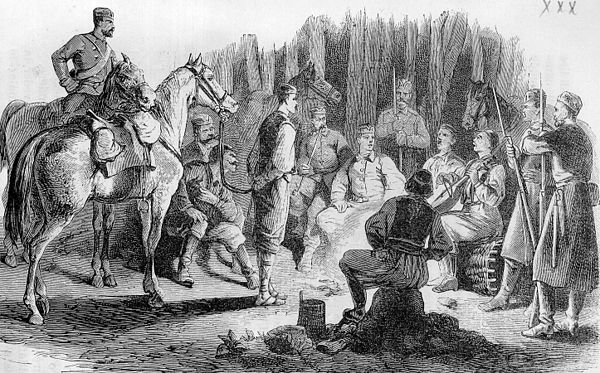 Guslar singing of the death of Lazar, at an encampent in Javor, during the Serbian–Ottoman War (1876–78).