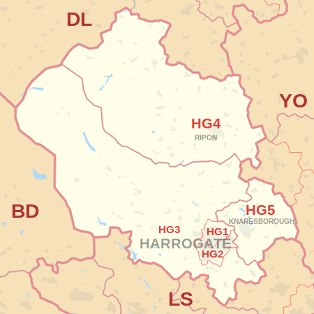 HG postcode area map, showing postcode districts in red and post towns in grey text, with links to nearby BD, DL, LS and YO postcode areas. HG postcode area map.svg