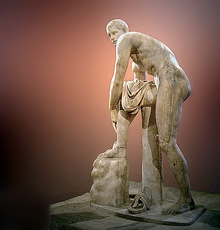 Hermes Fastening his Sandal, early Imperial Roman marble copy of a Lysippan bronze (Louvre Museum)