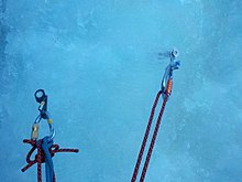 Two ice screws placed to form a solid climbing anchor point Iceclimbinganchor.jpg