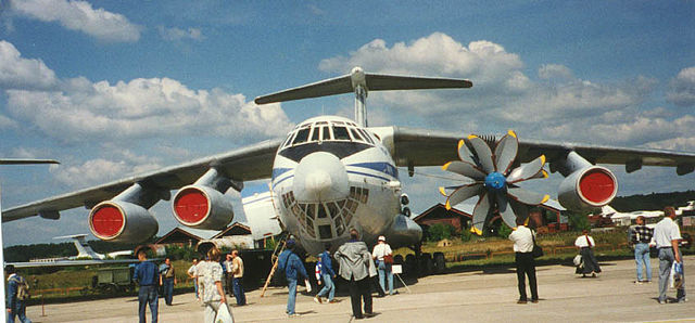 The Progress D-27 engine on the Ilyushin Il-76LL flying testbed at the 1997 MAKS air show.
