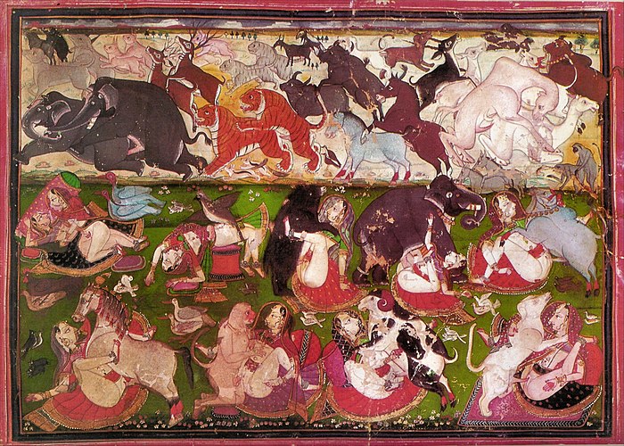 An 18th-century Indian miniature depicting women practicing zoophilia in the bottom register