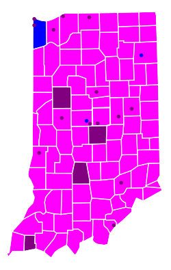 Map of Indiana counties and cities that have sexual orientation and/or gender identity anti-employment discrimination ordinances
Sexual orientation and gender identity with anti-employment discrimination ordinance
Sexual orientation with anti-employment discrimination ordinance
Sexual orientation and gender identity solely in state employment Indiana counties and cities with sexual orientation and gender identity protection.svg