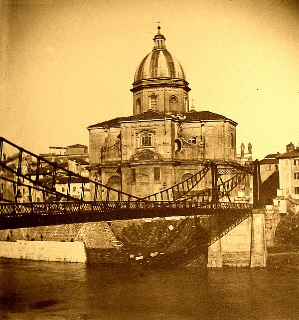 Iron bridge at San Giovanni dei Fiorentini, ca. 1890. The bridge was built in 1827 and demolished in 1941. Photo by Giuseppe Primoli.