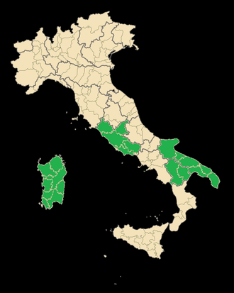 Regions of Italy where the Bombino nero is grown. Italy with Bombino nero regions highlighted.png