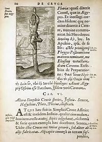 Torture stake, a simple wooden torture stake. Image by Justus Lipsius. JUSTUS LIPSIUS 1594 De Cruce p 10 Torture stake.jpg