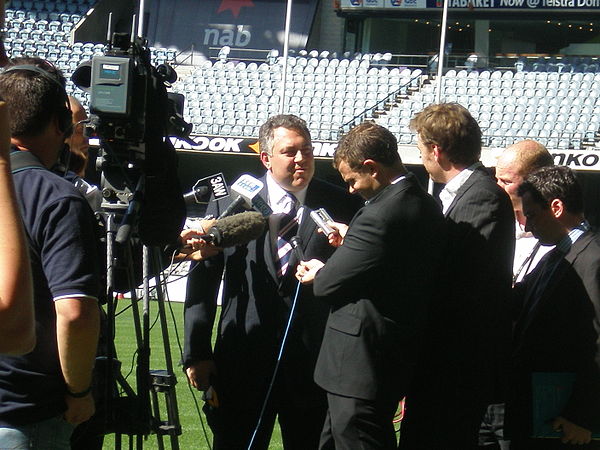 Hockey at a press conference on the ground at Docklands Stadium, Melbourne