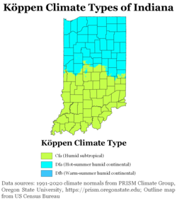 Koppen climate types of Indiana, using 1991-2020 climate normals. Koppen Climate Types Indiana.png