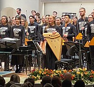 Исполнитель на кантеле на сцене с артистами Всероссийского молодёжного оркестра национальных инструментов