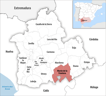 Die Lage des Gerichtsbezirk Morón de la Frontera in der Provinz Sevilla