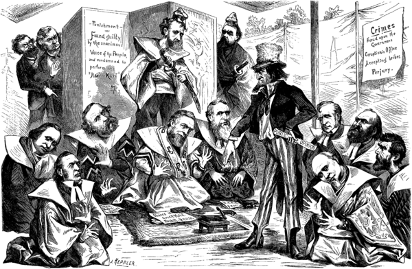 In Joseph Ferdinand Keppler's cartoon, published in Frank Leslie's Illustrated Newspaper on March 8, 1873, Uncle Sam is shown directing U.S. Senators implicated in the Crédit Mobilier Scandal to commit Hara-Kiri – clearly showing that by that time the general American public was already familiar with the Japanese ritual and its social implications