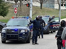GRPD responding to protests against the killing of Patrick Lyoya Killing of Patrick Lyoya protest 16 April 2022 - 5 GRPD Medical Mile.jpg